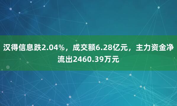 汉得信息跌2.04%，成交额6.28亿元，主力资金净流出2460.39万元